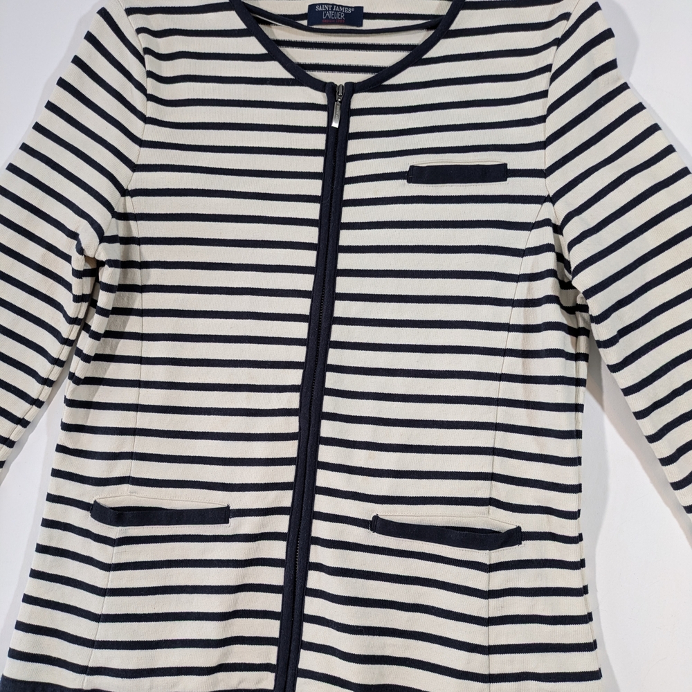 Saint James Atelier Navy Off White Striped Cardigan Zip Up Cotton Zip Up Size 12 - Picture 6 of 15